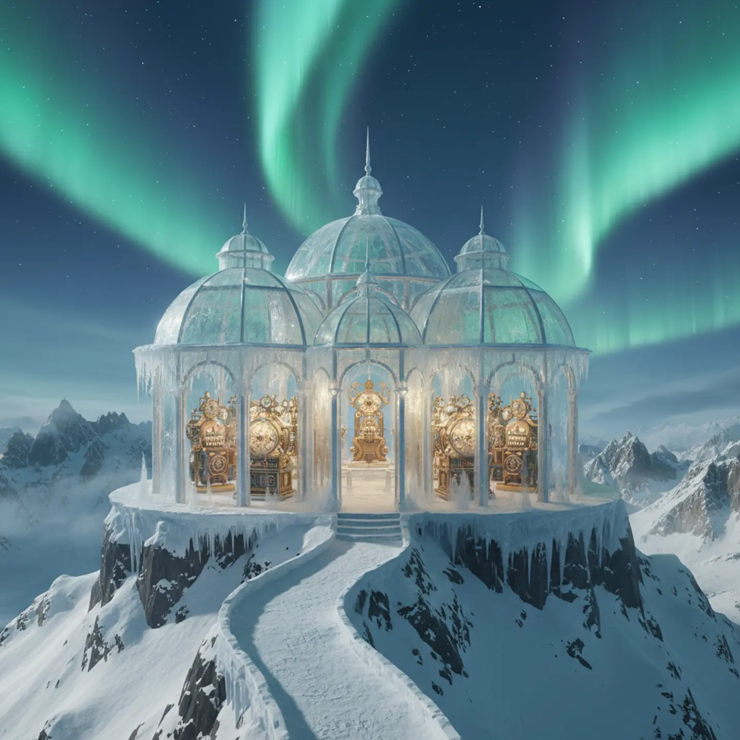 A magnificent frozen casino pavilion glowing under the northern lights